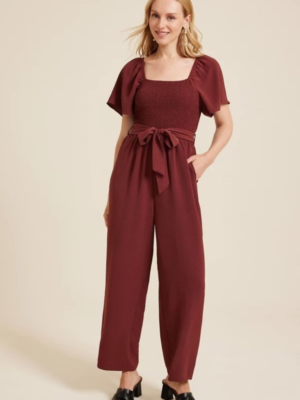 Maurices Smocked Flutter Sleeve Burgundy Jumpsuit with Belt
